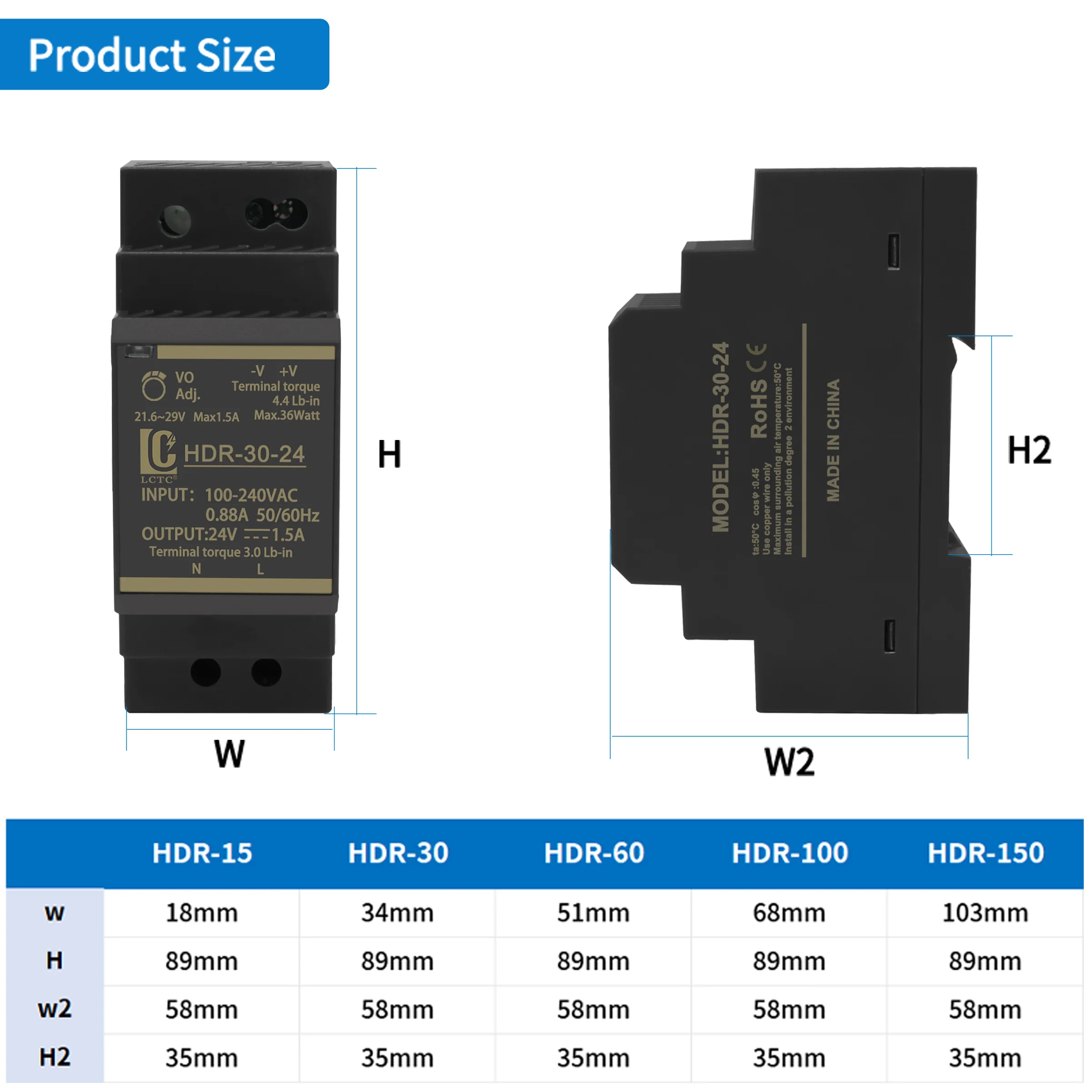 Switching Power Supply 5V/12V/24V/48V DIN Rail Power Supply AC to DC HDR-15/30/60/100/150W LED DC Switching Power Supply image 2
