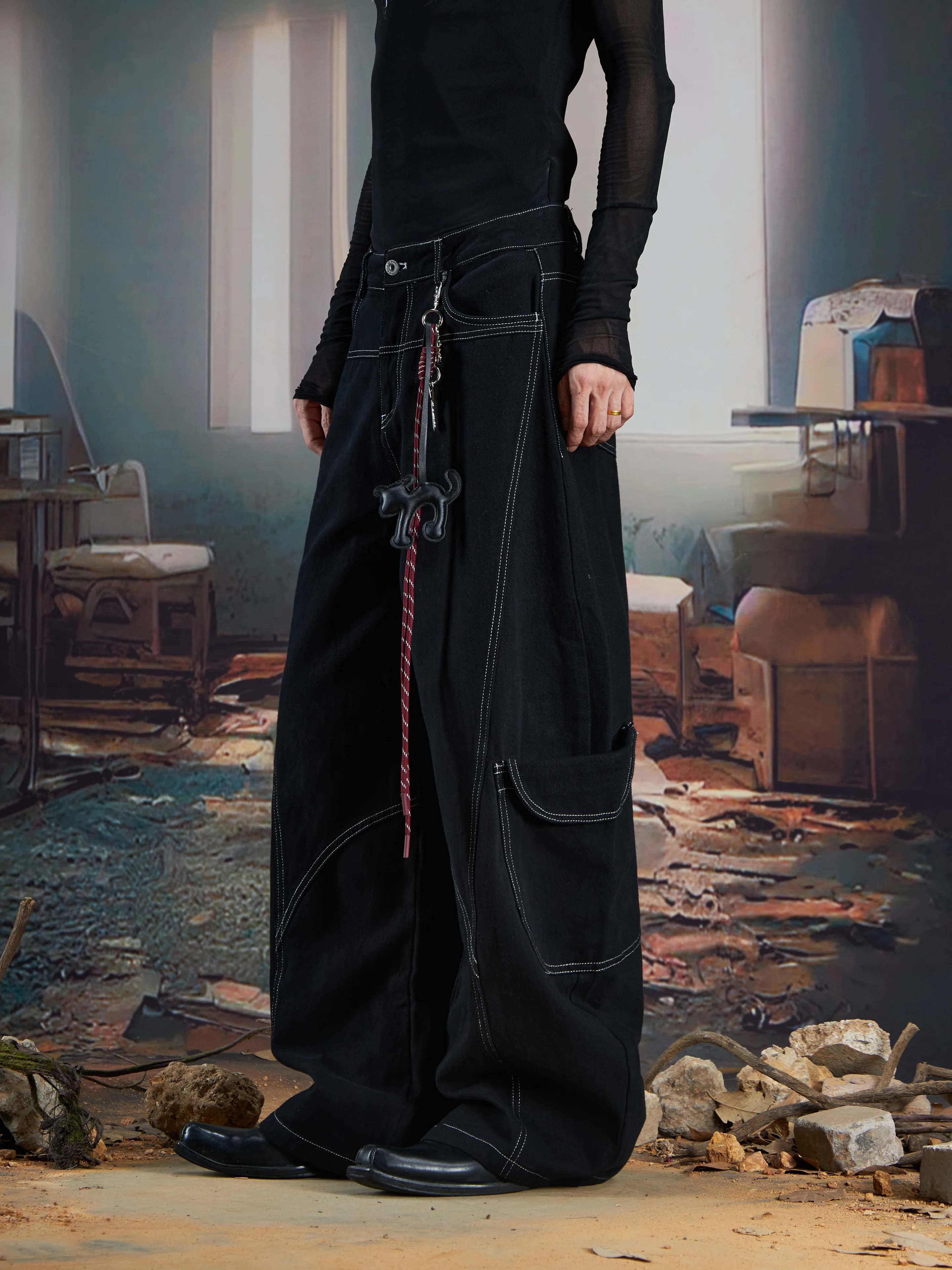 Special-Interest Design (Free Ornaments) Line Multi-Pocket Wide Leg Small Machete Casual Pants Trousers for Men and Women
