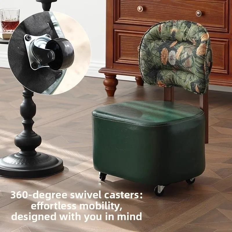 Waxed Leather Rolling Stool with Backrest Brake Swivel Casters Retro Minimalist Shoe Changing Ottoman Optional Backrest