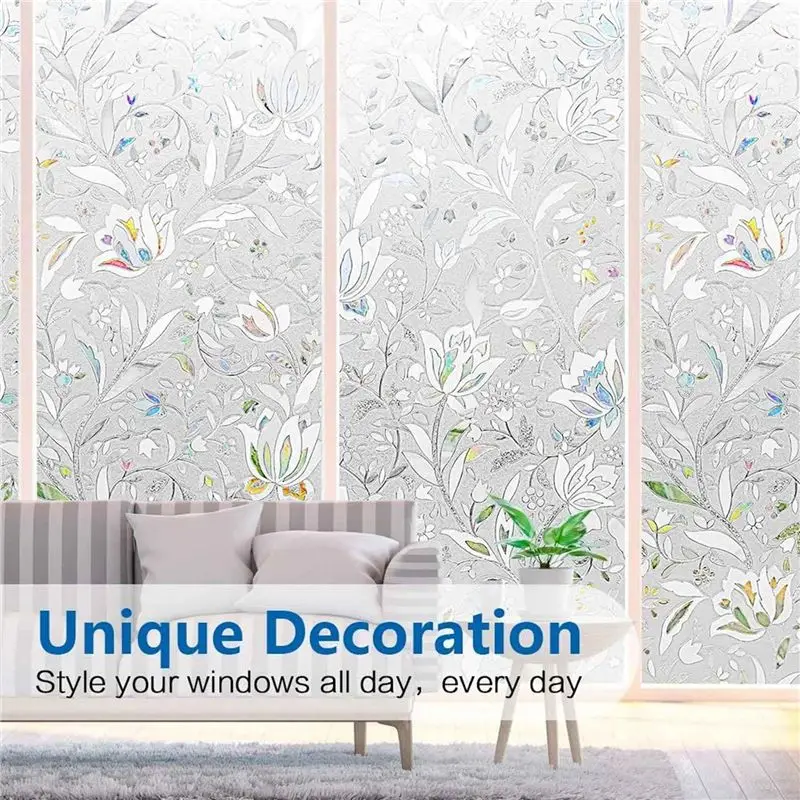 B03C-5X 3D Rainbow Window Film Stained Glass Vinyl Static Non Adhesive Film Opaque Privacy Protective Tint -45X100cm