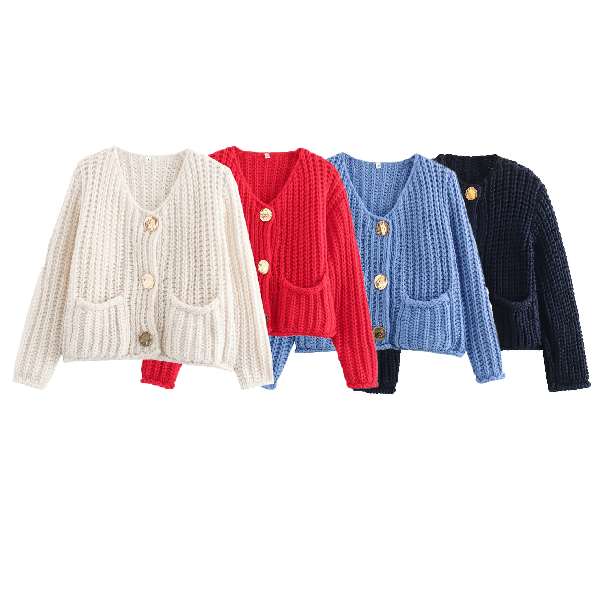 

2024. Women's clothing European and American solid color single-breasted double-pocket short thick knitted sweater jacket top B6