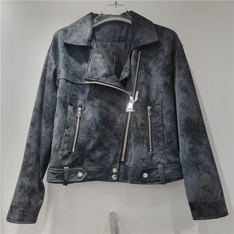 WTHT Vintage Mode Damen PU Leder Motorrad Kurze Jacke 2025, Sommer Trendy Lange Ärmel Zipper Mantel Weiblich 1LS2124