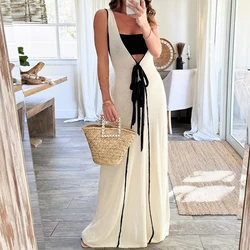 Elegant Deep V-neck Waist Long Dress Women Fashion Patchwork Lace-up Solid Maxi Dress 2024 Summer Casual Sleeveless Party Dress