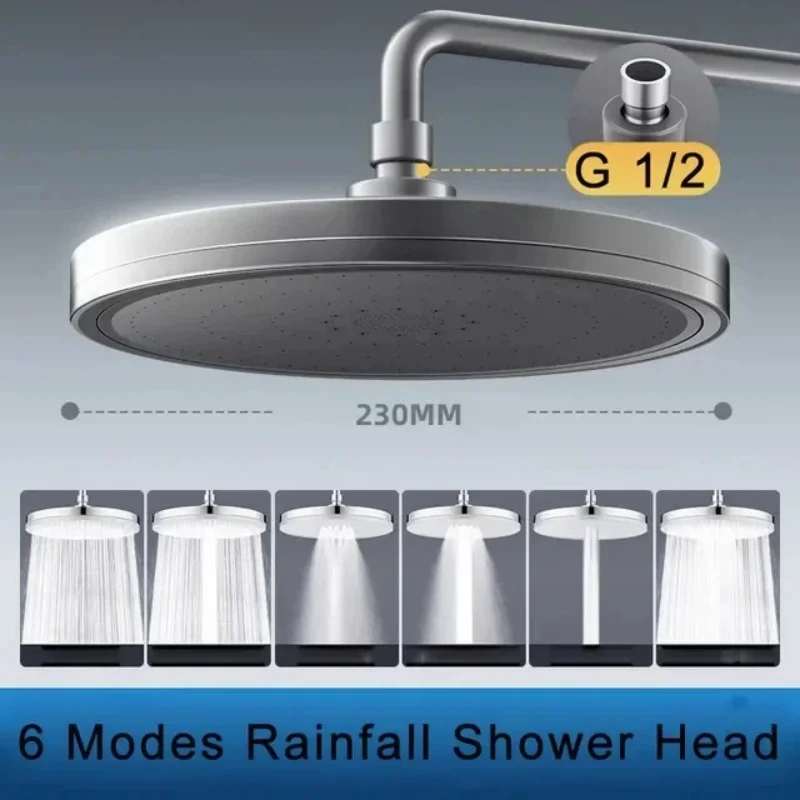 New 230mm Big Panel Showerhead 6 Mode Supercharge Shower Head High Pressure Top Rain Shower Faucet Bathroom Accessories