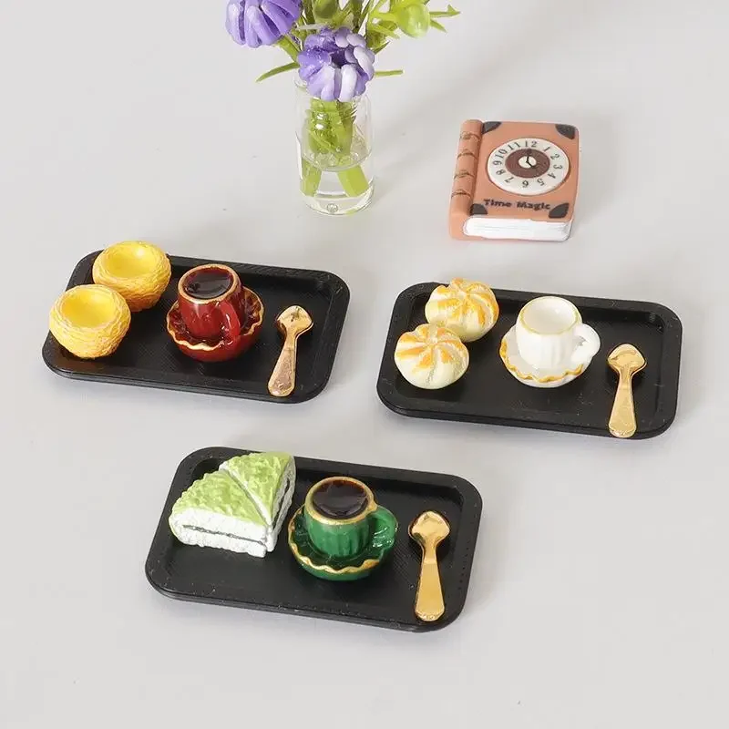 Afternoon Tea Scene Decor Miniatuur Poppenhuis Koffie Dim Sum Dienblad Set Mini Keuken Voedsel Decor Accessoires Kid Fantasiespel Speelgoed