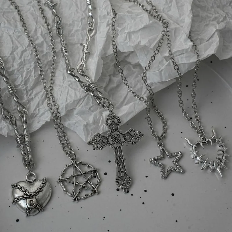 5-piece punk silver pendant necklace set with barbed wire lock heart pentagram retro cross hollow star thorn sun pendant jewelry
