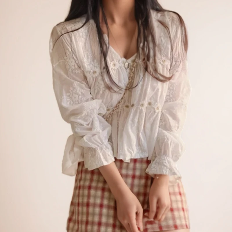 Korean Style Hollow Pleated White Blouse 2024 Sweet Lace Floral Shirt Casual V-neck Flare Long Sleeve Tops Blusas Mujer 13037