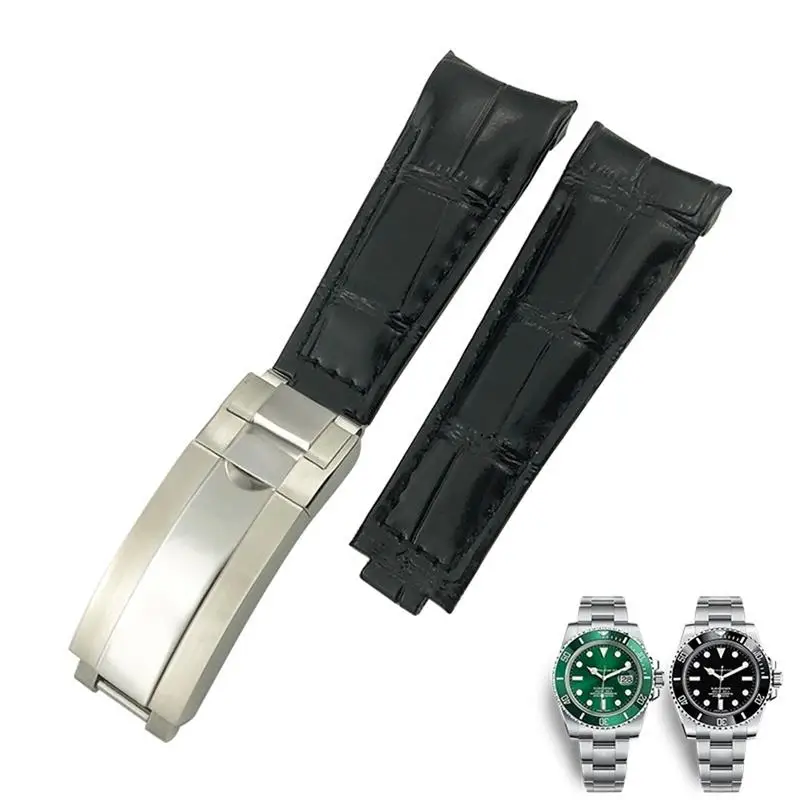 SCHIK 20mm Curved End Watchbands Leather Strap Fit for Rolex 116610 Submariner Oyster GMT Daytona Slide Lock Buckle Cowhide