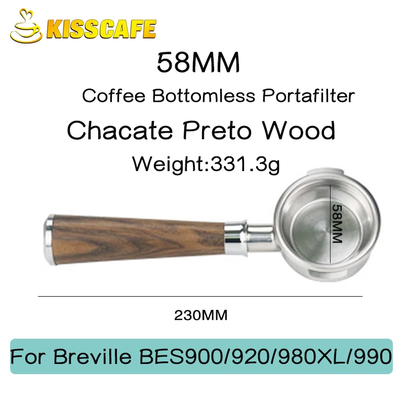 

58MM Coffee Bottomless Portafilter For Breville BES900 920 980 Stainless Steel Replacement Filter Basket Wooden Coffee Accessory