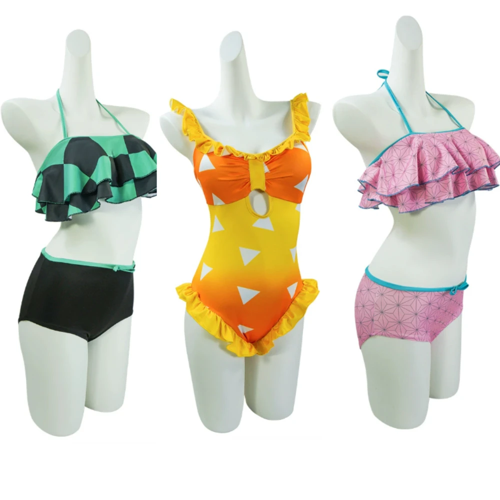

Anime Summer Swimwear Demon Bath Suit Kimetsu Yuukaku Hen Bikini Kamado Tanjirou Nezuko Zenitsu Swimsuit Cosplay