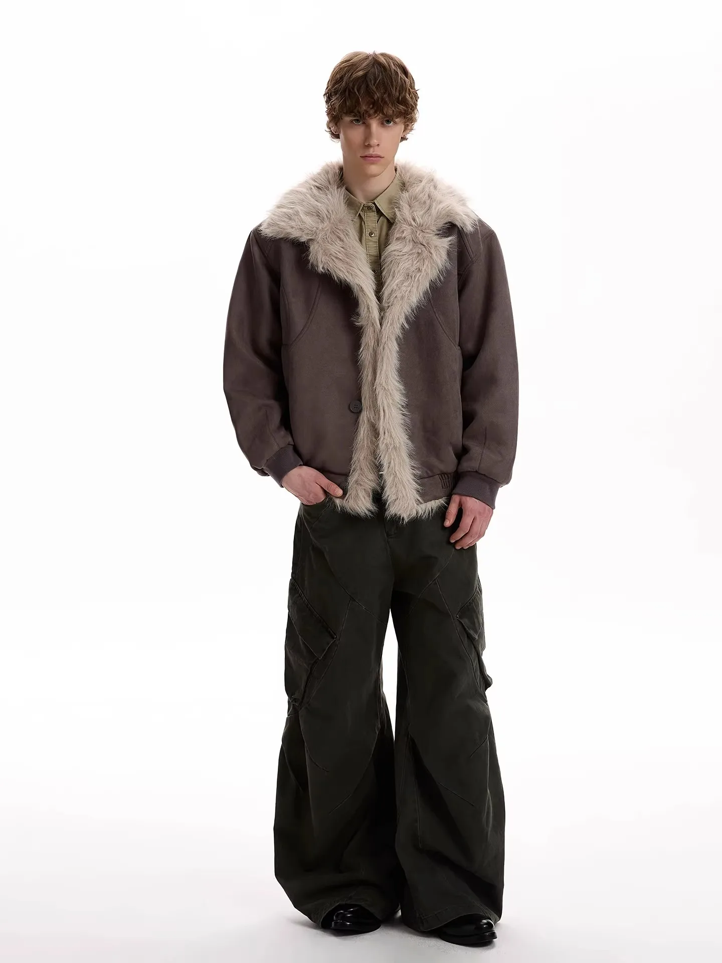 Thickened Warm Cotton Jacket Men's Winter Coat Retro American Deconstructed Suede Fur Collar Youth Casual Long Sleeve Coat