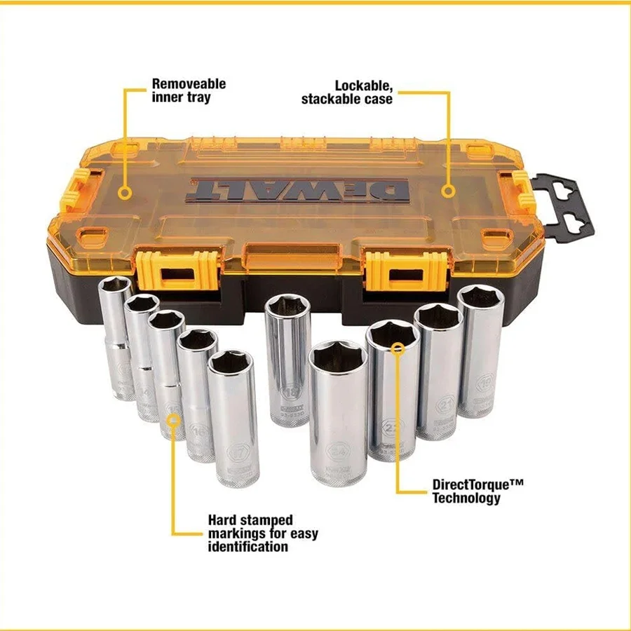 DEWALT DWMT73812 Drive Deep Combination Socket Set With Stackable Case 20Pcs 3/8