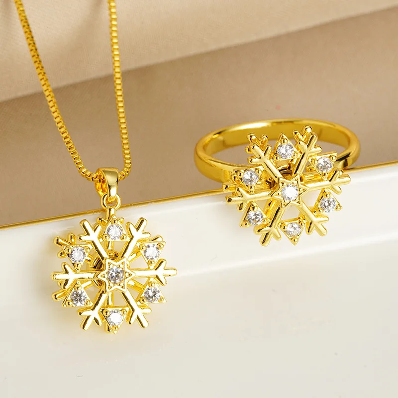 Luxury 24K 9999 Pure Gold Snowflake Sparkle Necklace Micro Set with Flash Diamond Sweet Adjustable Ring