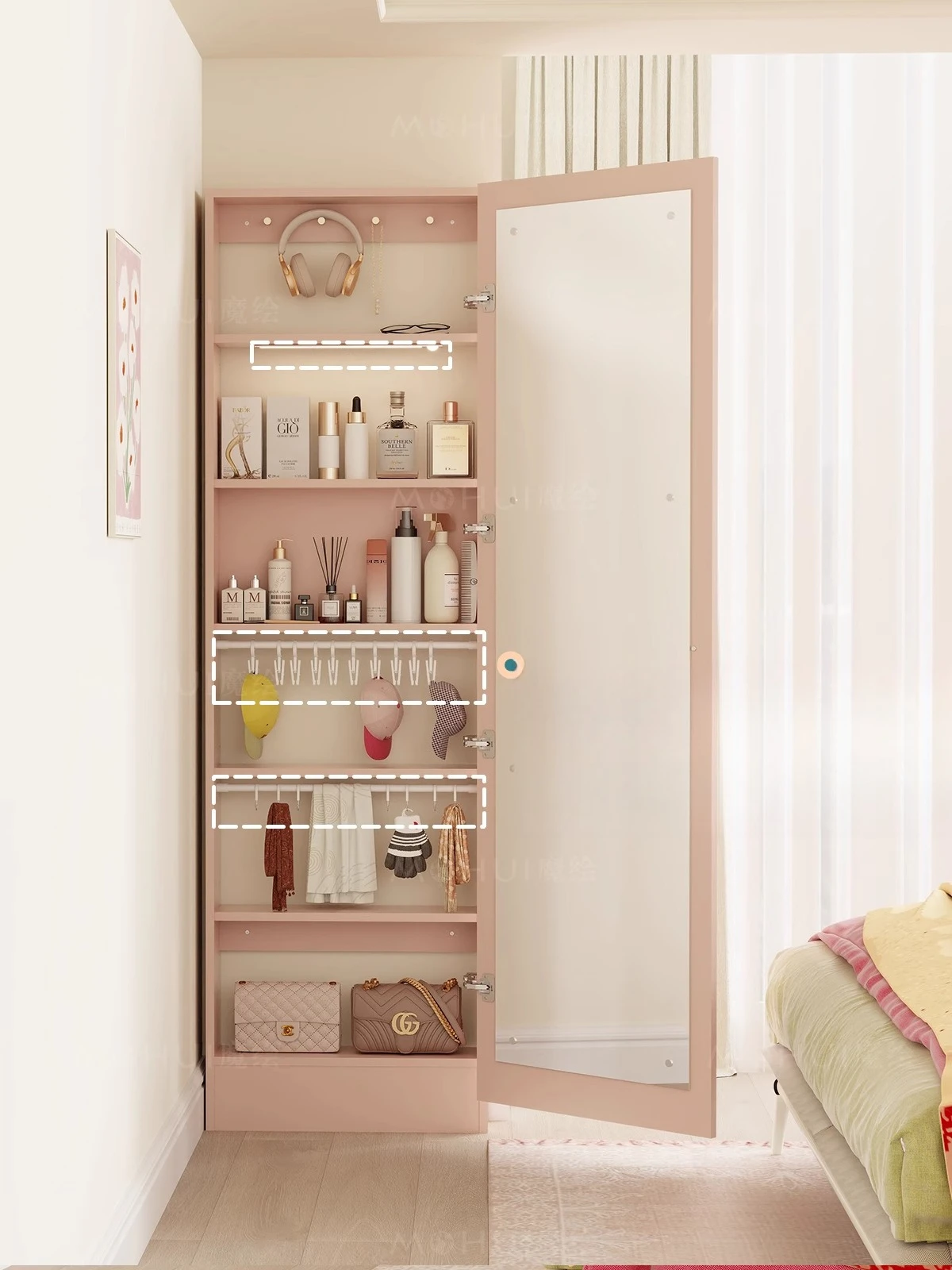 

Nordic bedroom floor-to-ceiling jewelry cabinet full-body mirror storage cabinet wardrobe side cabinet dopamine powder thin