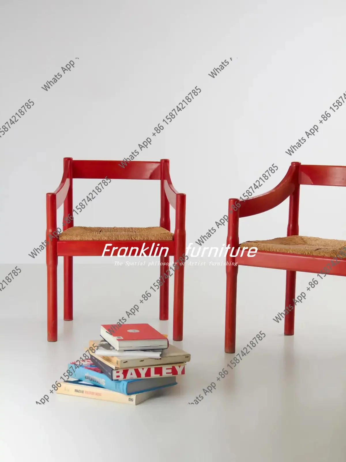 W Medieval Retro Style Red Grass Rattan Chair Designer Braided Dining Chair Retro Chair Armchair