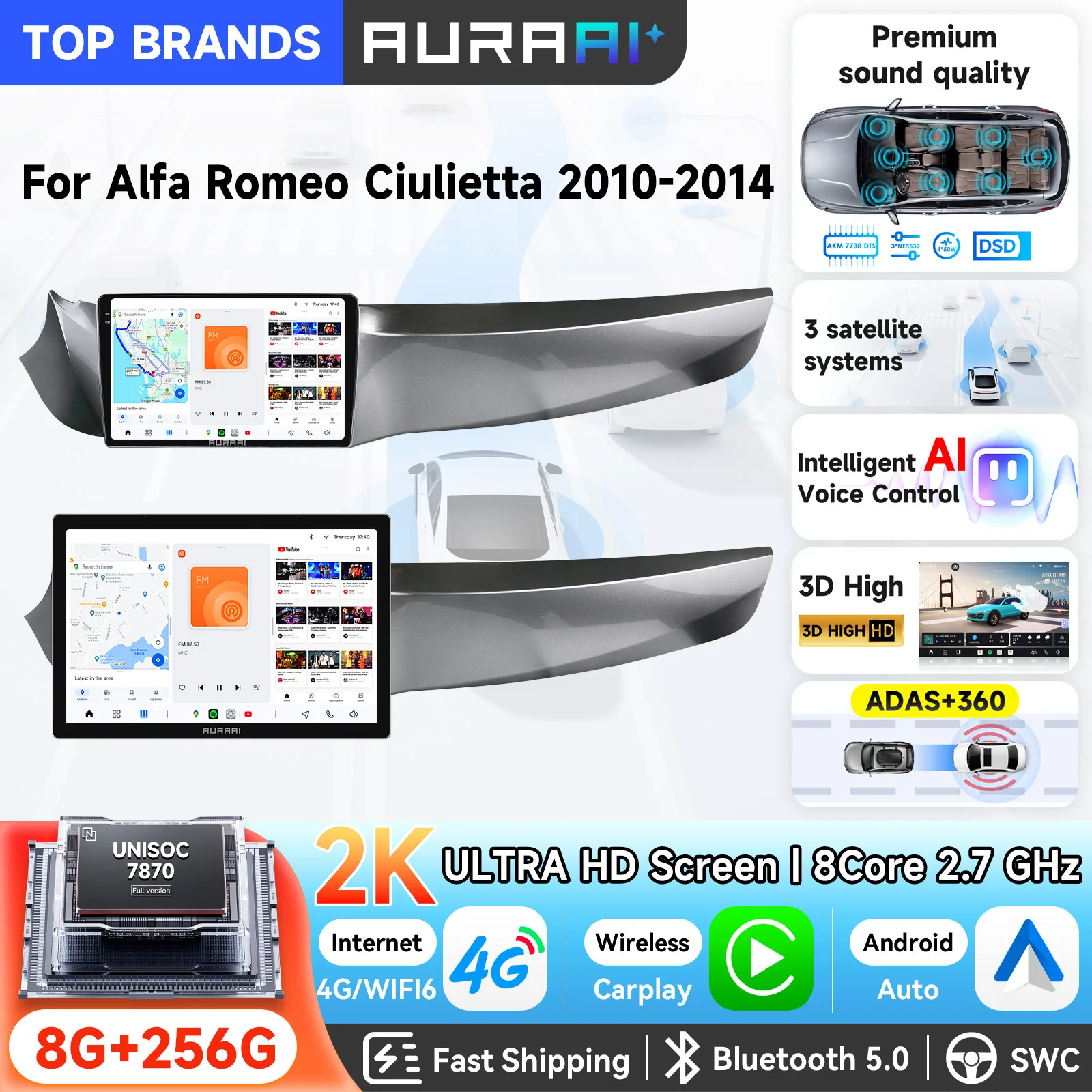 OSSURET Schneller Versand 9'' 13,1'' AURAAI X100 C200 Android 13 Autoradio für Alfa Romeo Giulietta 2010-2014 Autoradio CarPlay Android Auto GPS-Navigation Intelligenter Touchscreen 4G AI SWC