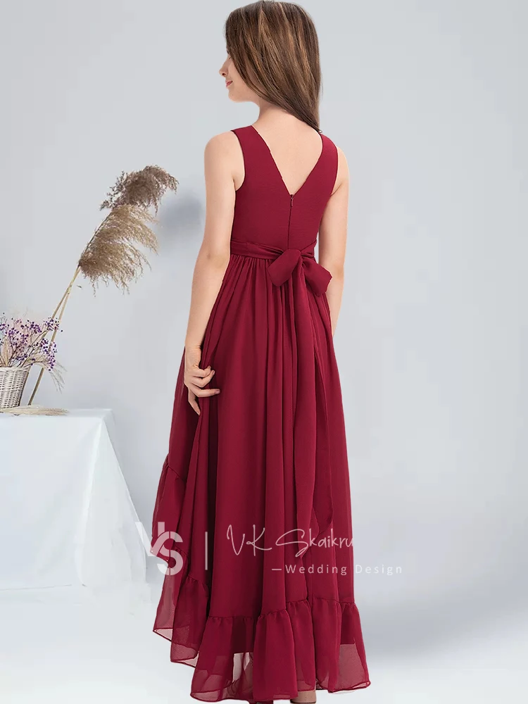 TMU A-line V-Neck Asymmetrical Chiffon Junior Bridesmaid Dress Pleated Burgundy Flower Girl Dress Party Communion Guest Dresses