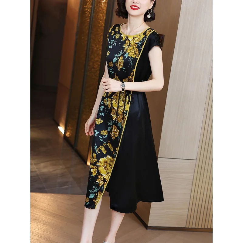 

Summer Fashion Silk Printed Dress for Women 2023 New Versatile Elegant Round Neck Sleeveless Loose Fit Leisure Vacation Vestidos