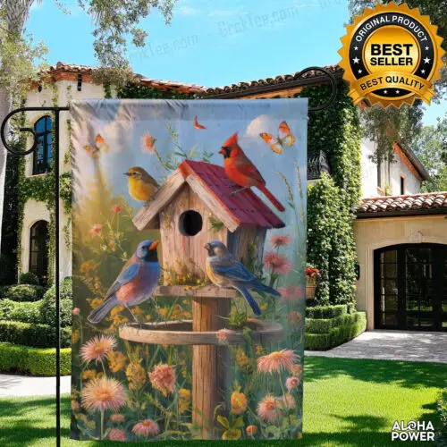 Vibrant Birdhouse with Colorful Birds and Floral Design Yard Patio Banner TTP AAL HHM WZZ yyi