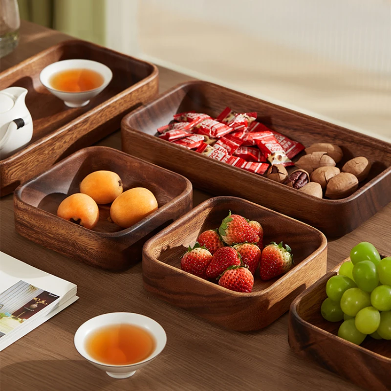 Wooden Snacks Dried Fruit Dessert Tray Solid Wood Square Tray Tea Table Fruit Compartmentalized Storage Dinner Plate