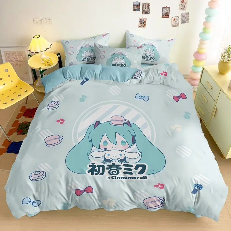 初音ミク-アニメグッズ-漫画-かわいい寝具-クリエイティブ-カワイイ-女の子用-ベッドシーツ-掛け布団カバー-枕カバー-4点セット-ギフト