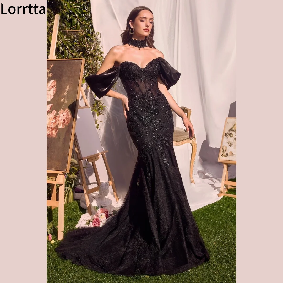 أسود قبالة الكتف حورية البحر فساتين لحضور الحفلات الموسيقية الفاخرة يزين الديكور الترتر فساتين الزفاف ضيف أنيقة فستان سهرة رسمي