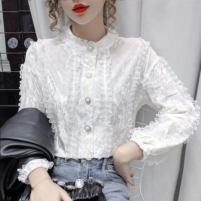 Elegant Stand Collar Button Spliced Lace Ruffles Blouses Women\'s Clothing 2023 Winter Loose Korean Tops Butterfly Sleeve Shirts