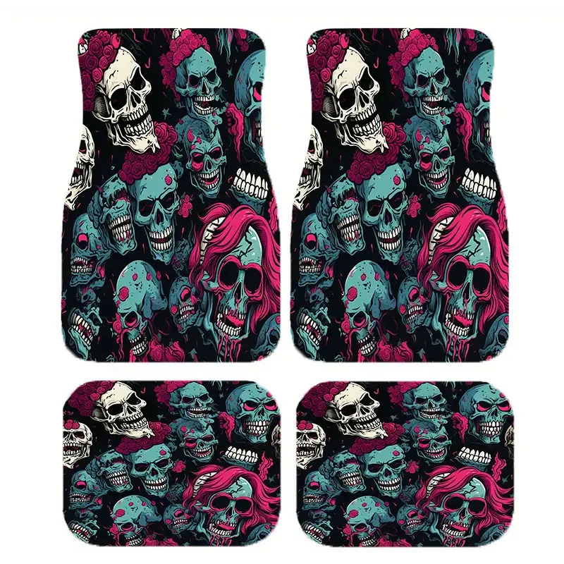 New Skull Element Four-Piece Car Mat Set, Stylish And Quirky Design, Suitable For Sedans, SUVs, Trucks, Perfect Year-Round Use,