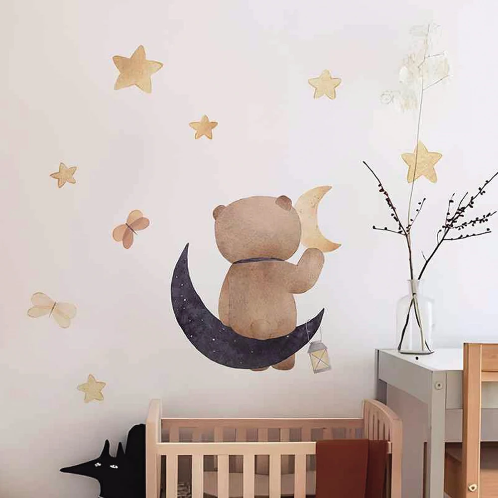 Boho Cartoon Fabric Bear  Moon Star Animals Nursery Wall Decals Art Gifts Kids Room Girls Bedroom Wall Sticker Home Decor