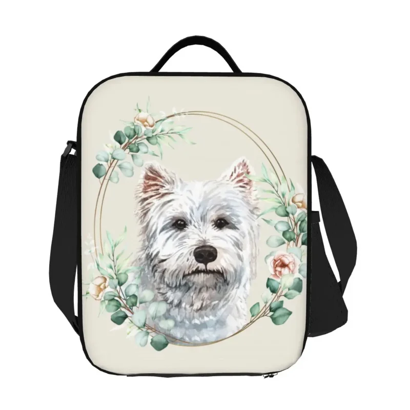 West Highland-Bolsa de almuerzo aislada con corona de oro Floral para perros, Bento Box térmico para amantes de las mascotas, viaje de playa, Blanco Terrier