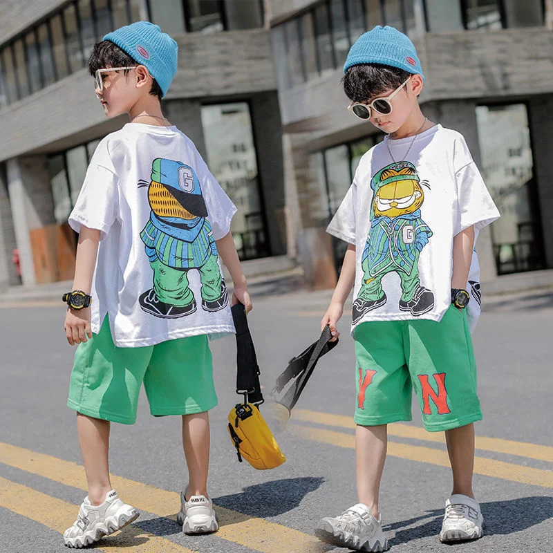 Fashion Summer Teenage Boy Clothes Boys for 4 6 8 10 12 14 Year Hiphop Korean Casual T-Shirt Shorts 2Pcs Sets Funny Cartoon Suit