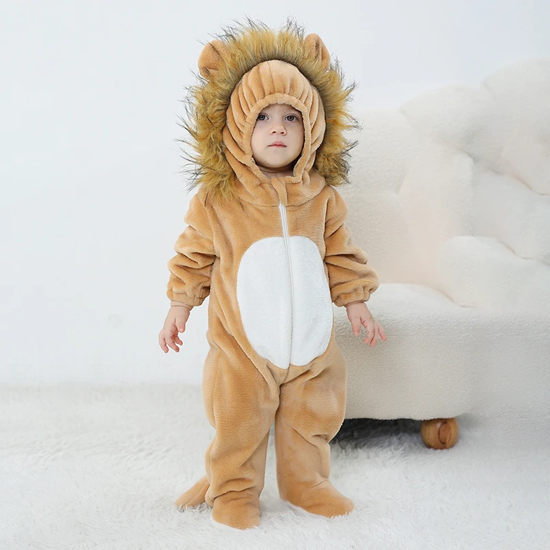 Lovely Lion Baby Girls Clothes Boys Romper Winter Plush Infant Onesie Bodysuit Cosplay Costume Hooded Zipper Jumpsuits