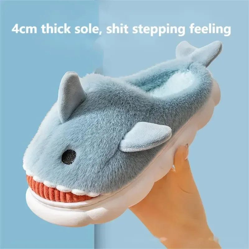 2024 Stereo Shark Cute Padded Thickened Non-slip Mute Home Warm Shoes Cotton Slippers Female Winter Net Red