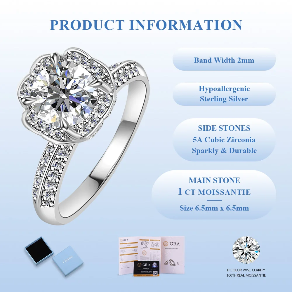 

CLYSSIA стерлингового серебра 925 пробы, белое золото 18 карат, кольцо с муассанитом, ювелирные изделия с подушкой для женщин, роскошное обручальное кольцо, подарок