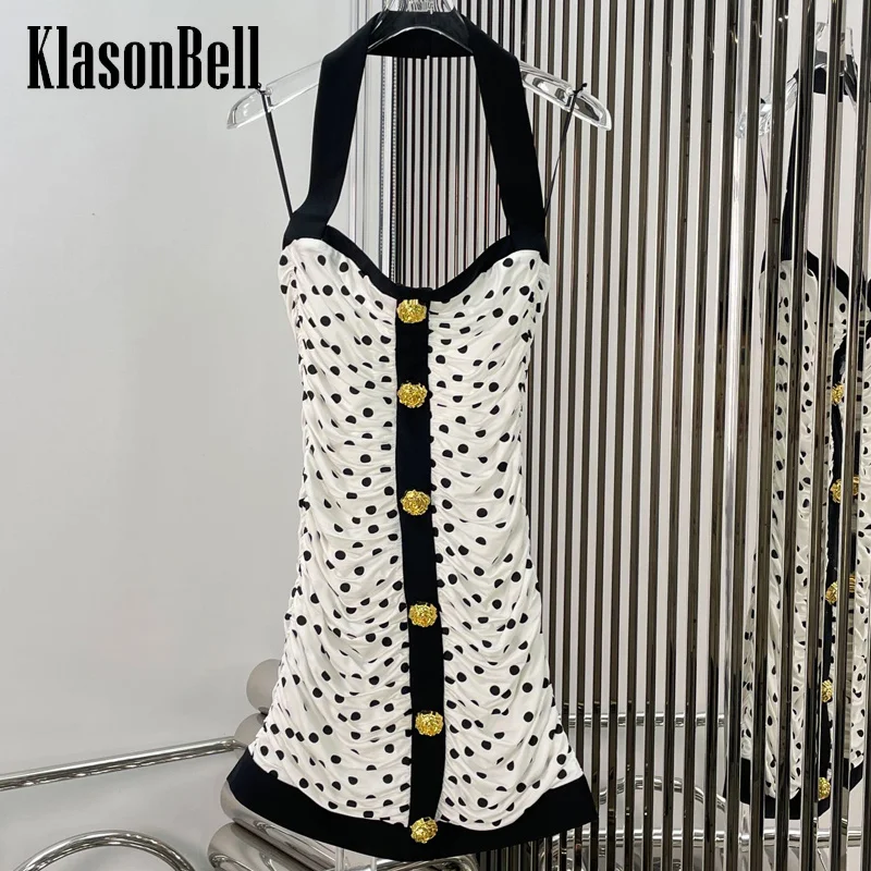 

10.15 KlasonBell Women Fashion Sexy Girl Halter Polka Dot Print Dress Rose Gold Button Ruched Package Hip Dress