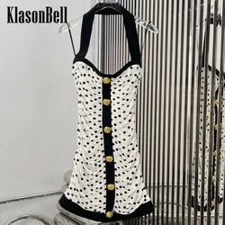 10.15 KlasonBell Women Fashion Sexy Girl Halter Polka Dot Print Dress Rose Gold Button Ruched Package Hip Dress