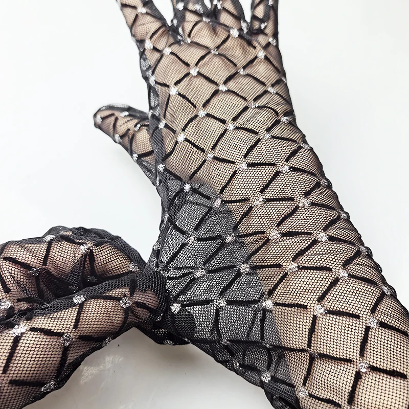 53CM Women Sexy Mesh Transparent Lattice Shiny Long Gloves Breathable Stage Performance Opera Cosplay Nightclub