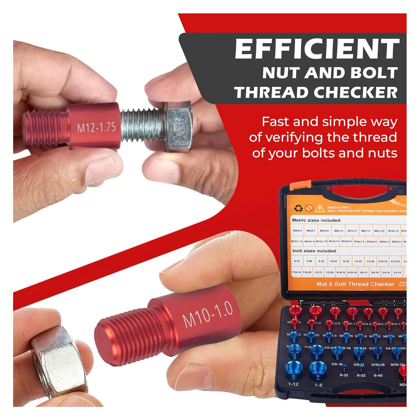 44Pcs Nut and Bolt Thread Checker Aluminum Bolt Nut Identifier Gauge with Storage Box for Maintenance Repair Thread Checker Box