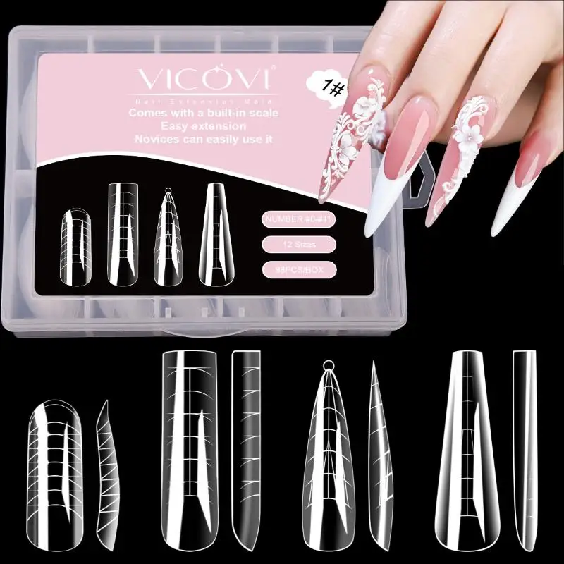 

{HBA17} 96Pcs Stiletto Coffin Clear Dual Forms False Tips Nail Art Tool Full Cover Nail Extension Form Quick Building Gel Mold