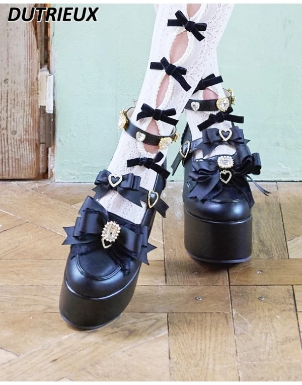 Japanese Style Sweet Girls Heart Bowknot High Heels Mine Mass-Produced Lolita Thick Bottom Mary Jane Platform Shoes for Women