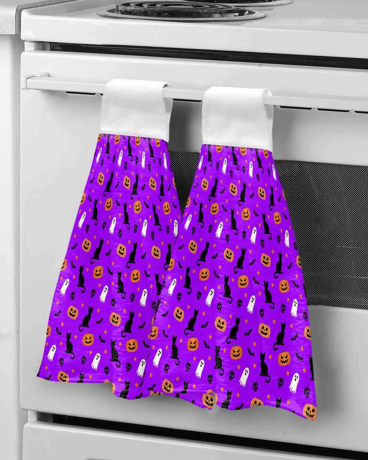 

Purple Halloween Cat Pumpkin Wipe Hand Towel Absorbent Hanging Towels Home Kitchen Wipe Dishcloths