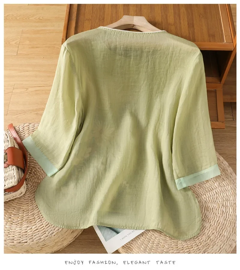 Blusas de estilo chino para mujer, camisas bordadas, ropa holgada de verano a la moda, Tops coreanos de lino y algodón de manga corta para mujer