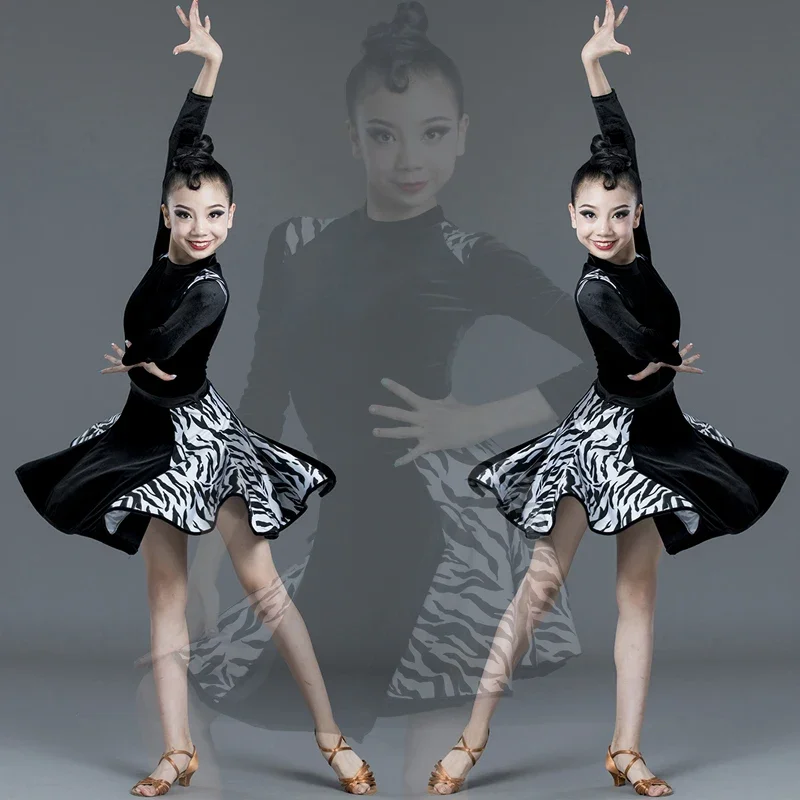 Leopard Print Girls Latin Dance Dress Children Ballroom Competition Party Stage Performance Costumes Long Sleeve Black Dress Set