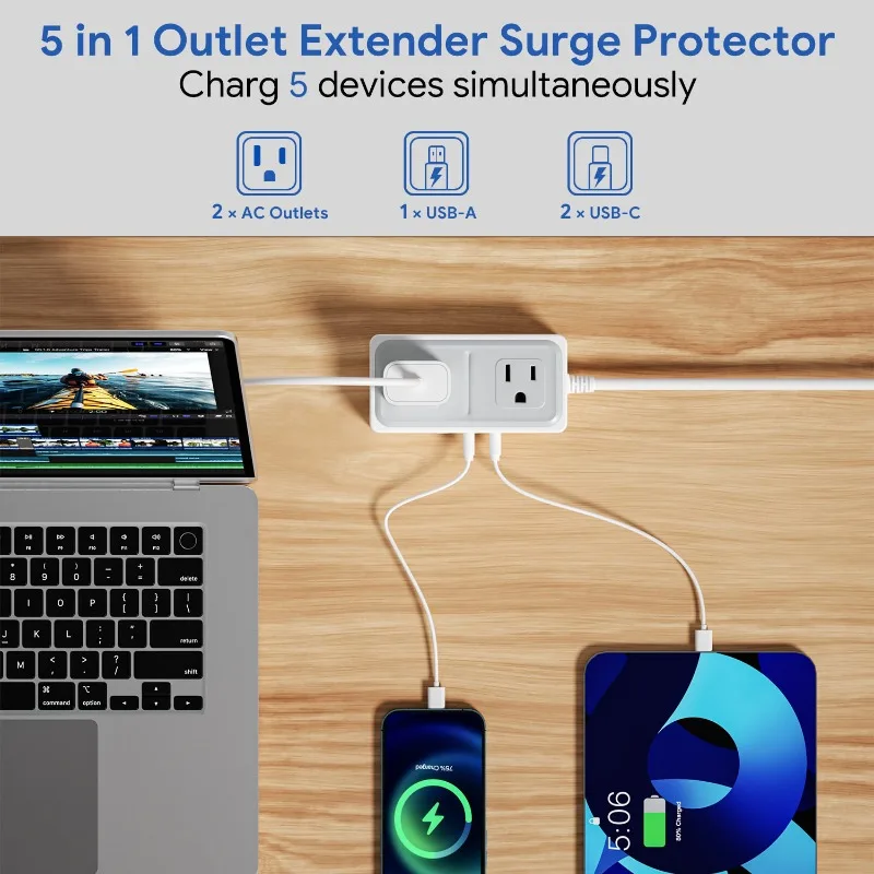 US Standard Power Strip Multi Outlets with USB-C, Surge & Lightning Protection for USA Canada Mexico