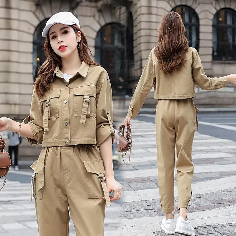 Women\'s Autumn New Casual Tracksuit Matching Set 2024 Korean Chic Long Sleeved Jacket+Cargo Pants 2 Piece Female Sportwear Suit