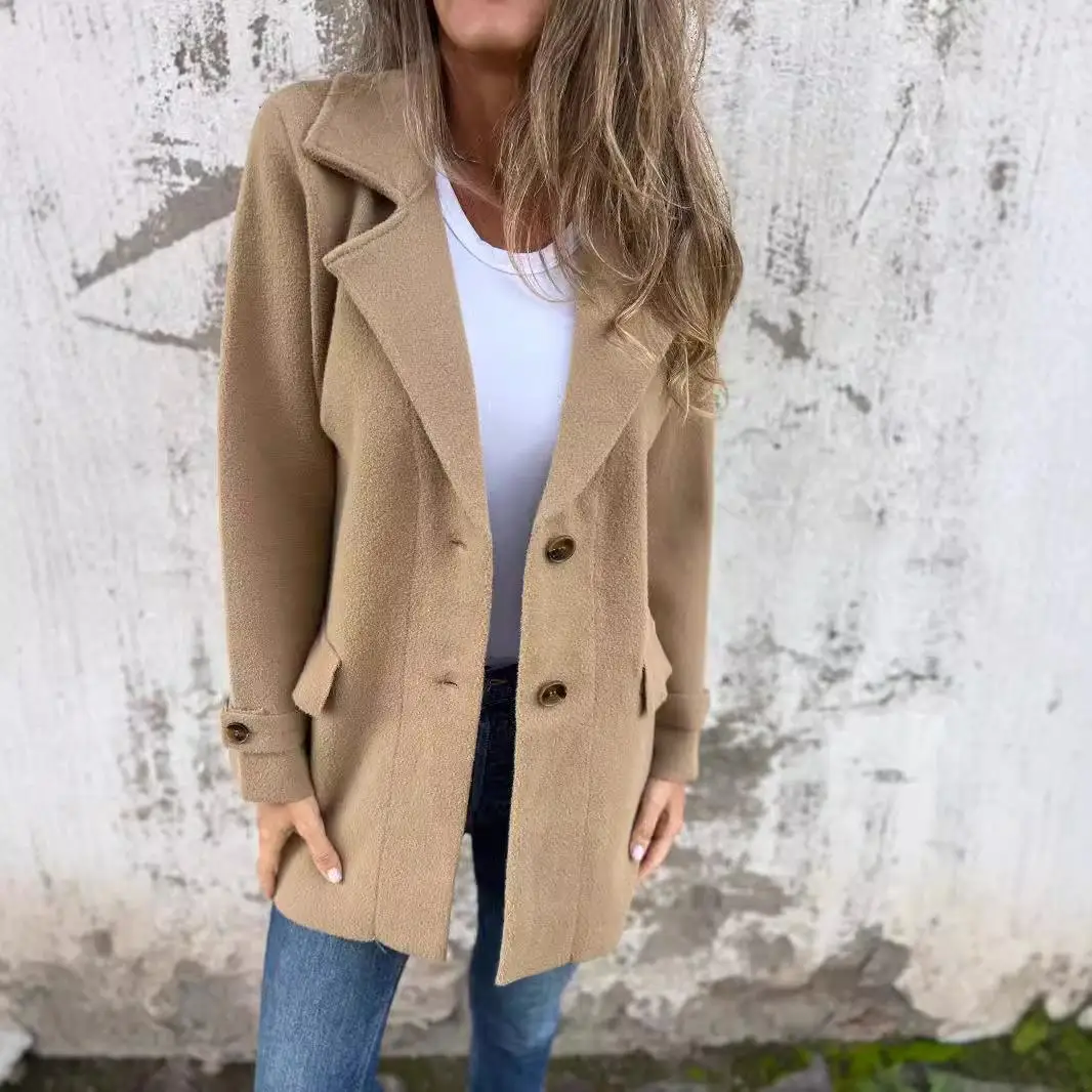 

Women's Thiened Woolen Coat with Lapel And Fake ket Cardigan Long Sve Pure Color Commute Sle Polyester Fiber