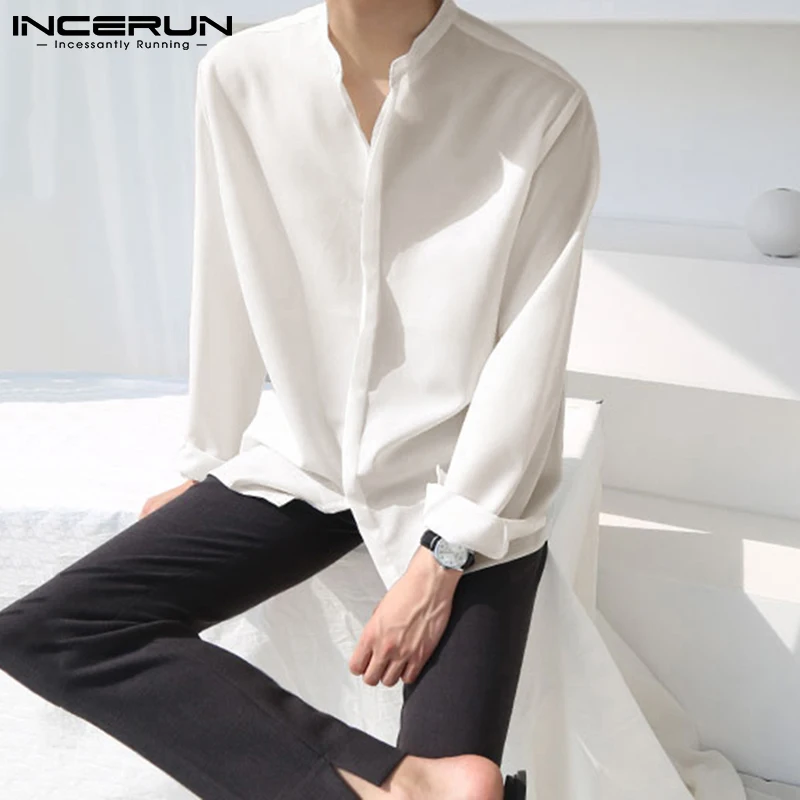 INCERUN 2024 Men\'s Shirt Streetwear Long Sleeve Stand Collar Button Korean Style Shirts Solid Color Fashion Casual Men Clothing