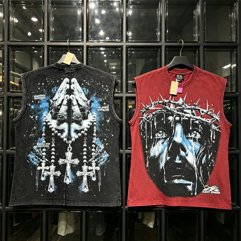 Riveted Round Neck Sleeveless Summer Saint Tshirts Splashing Ink Washed Graffiti Thorns Jesus Prayer Cross Tank Tops Men Women