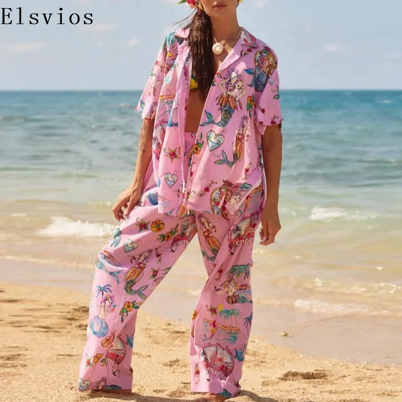 

Summer Short Sleeved Casaul Loose Outfits 2025 Elegant Lapel Shirt & Wide Leg Pants Suit Women Fahsion Beach Print Party 2Pc Set