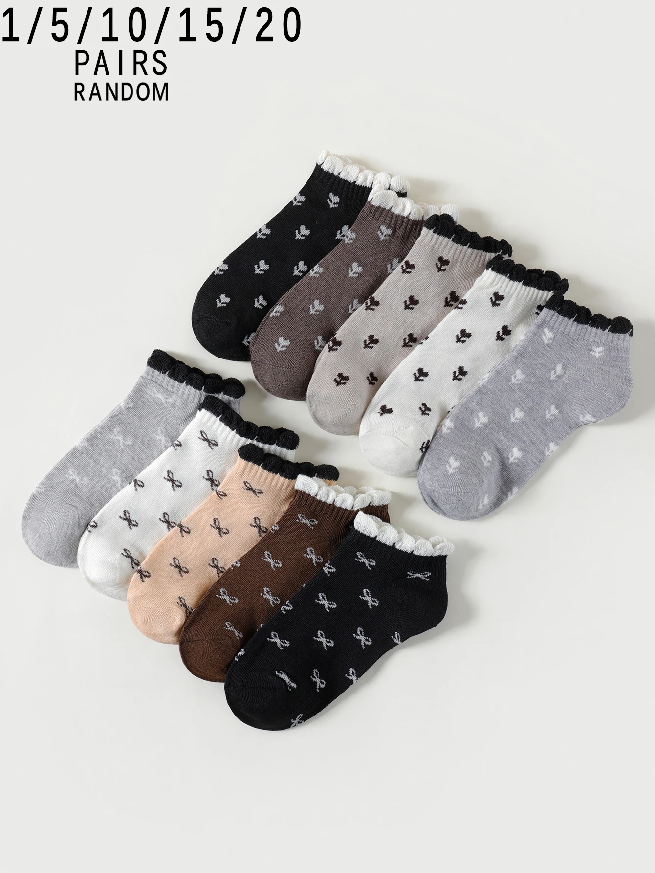1/5/10/15/20 Paar bequeme, lässige Knöchelsocken mit Schleife in zufälligen Farben